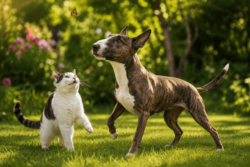 Vitaler Hund und Katze spielen – Ergebnis von hochwertigem Katzenfutter und Hundefutter