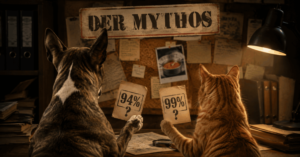 Hoher Fleischanteil bei Katzenfutter. Hoher Fleischanteil bei Hundefutter. 99 % Mythos. 94 % Mythos