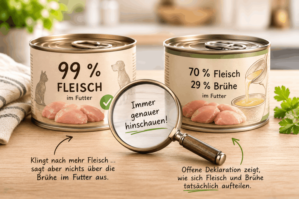 Zwei Futterdosen zeigen unterschiedliche Angaben und können doch dasselbe sein. 99 % Fleisch gegenüber Fleisch und Brühe
