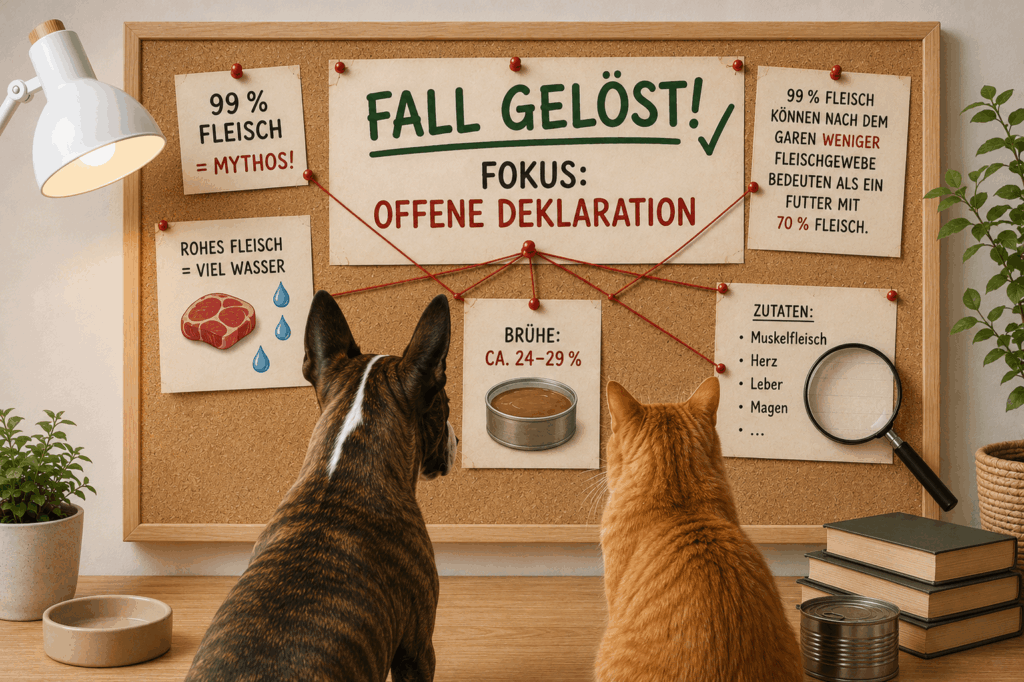 Hoher Fleischanteil: 99-%- und 94-%-Mythos bei Katzenfutter und Hundefutter – Fokus auf offene Deklaration und Brühe.