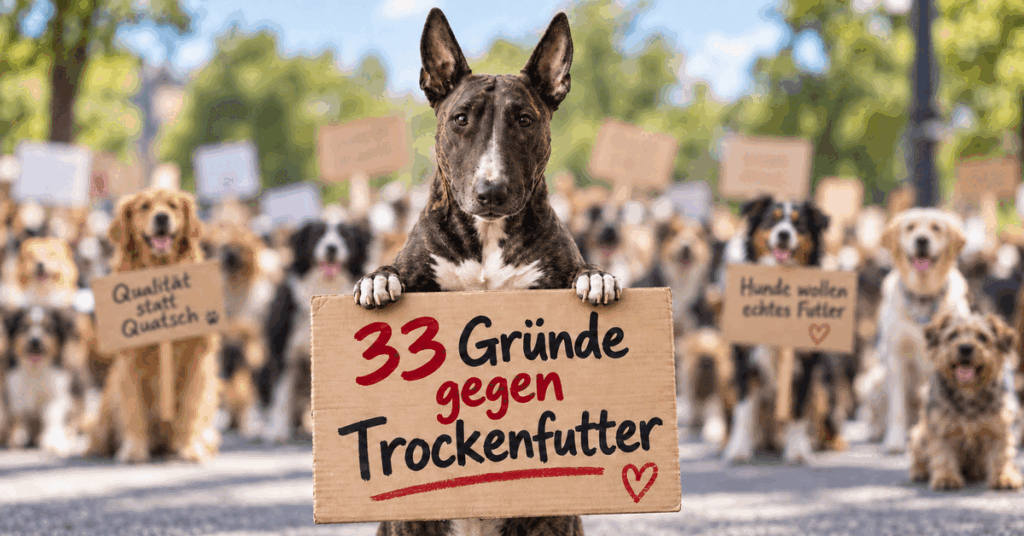 Bullterrier demonstriert mit einem Schild "33 Gründe gegen Trockenfutter"