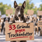 Bullterrier demonstriert mit einem Schild "33 Gründe gegen Trockenfutter"