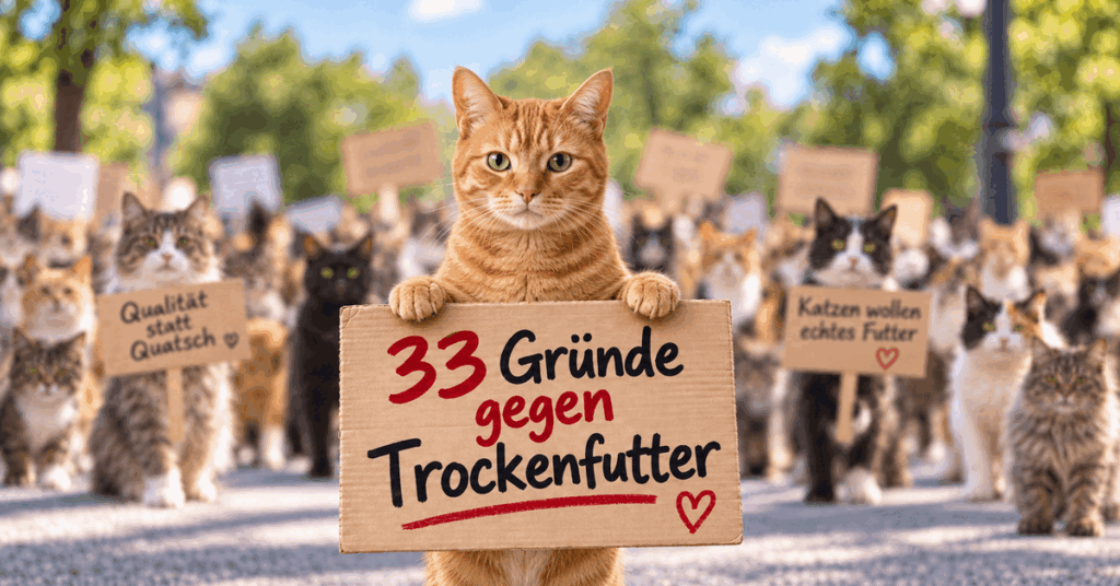 Rote Katze demonstriert mit einem Schild für 33 Gründe gegen Trockenfutter