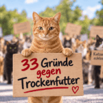 Rote Katze demonstriert mit einem Schild für 33 Gründe gegen Trockenfutter