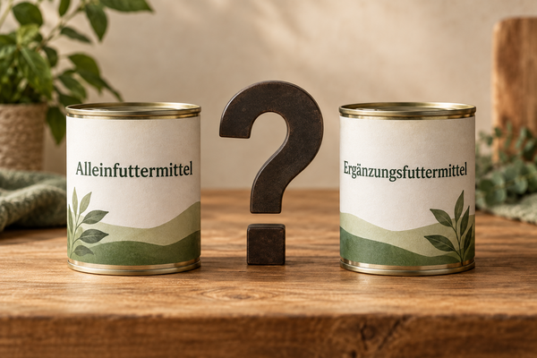 Zwei neutrale Futterdosen mit den Bezeichnungen Alleinfuttermittel und Ergänzungsfuttermittel sowie einem Fragezeichen dazwischen.