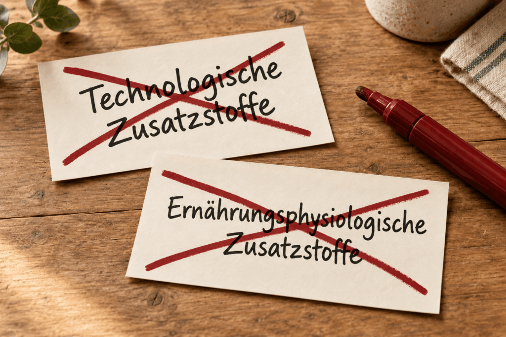 Zwei Zettel mit den durchgestrichenen Begriffen „Technologische Zusatzstoffe“ und „Ernährungsphysiologische Zusatzstoffe“.
