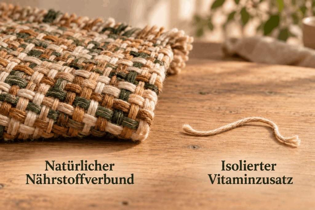 Fest verwobenes Gewebe als natürlicher Nährstoffverbund neben einem einzelnen abgetrennten Faden als isolierter Vitaminzusatz.