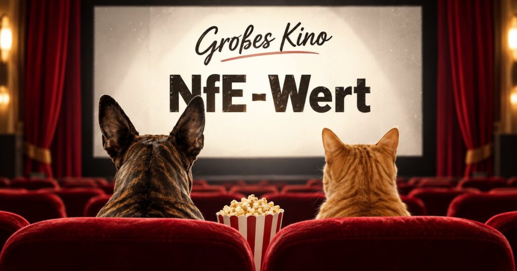 Hund und Katze im Kino vor einer Leinwand mit der Aufschrift „Großes Kino NfE-Wert“
