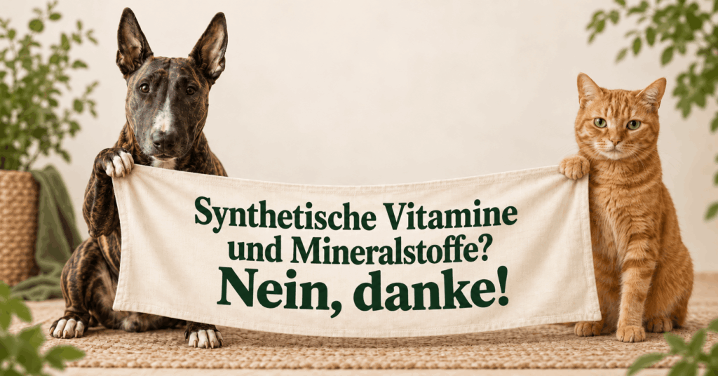 Bullterrier und orangefarbene Katze halten ein Stoffbanner mit der Aufschrift „Synthetische Vitamine und Mineralstoffe? Nein, danke!“