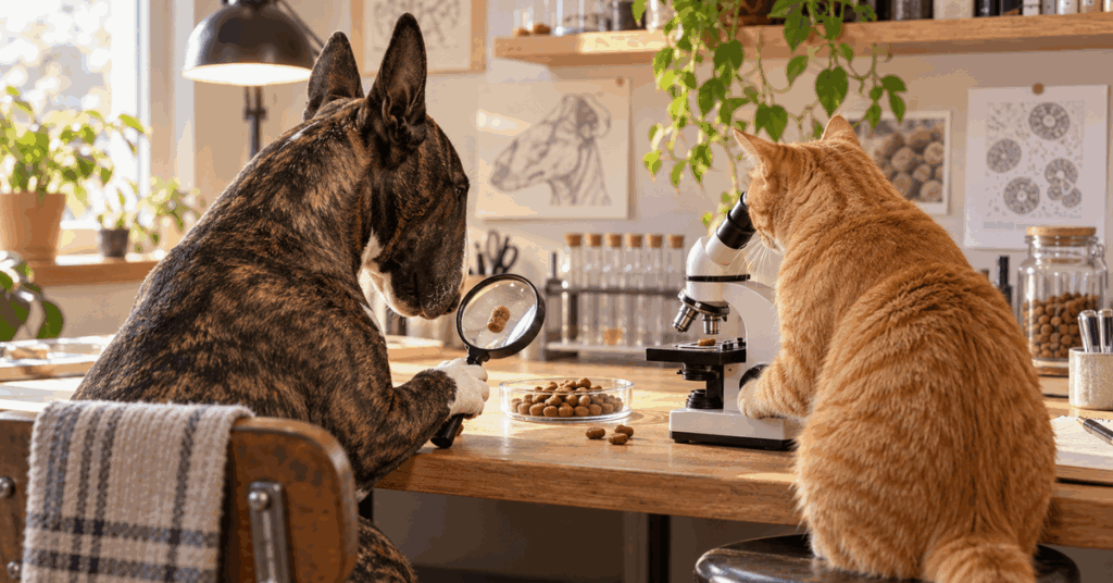 Bullterrier und rote Katze untersuchen Ist Trockenfutter für Hund und Katze ungesund? Bullterrier und rote Katze untersuchen Trockenfutter.