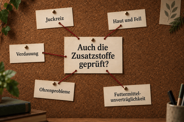 Juckreiz, Haut- und Fellprobleme, Verdauungsbeschwerden, Ohrenprobleme und Futtermittelunverträglichkeit als mögliche Reaktionen auf Zusatzstoffe im Tierfutter.