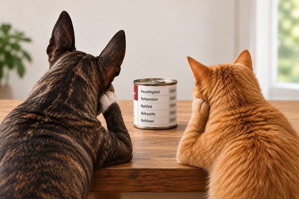 Hund und Katze betrachten die analytischen Bestandteile auf einer Futterdose mit Feuchtigkeit, Rohprotein, Rohfett, Rohasche und Rohfaser.