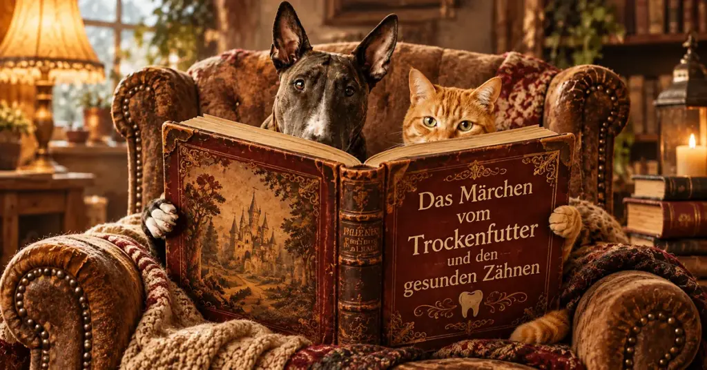 Hund und Katze mit Märchenbuch über Trockenfutter und Zahngesundheit